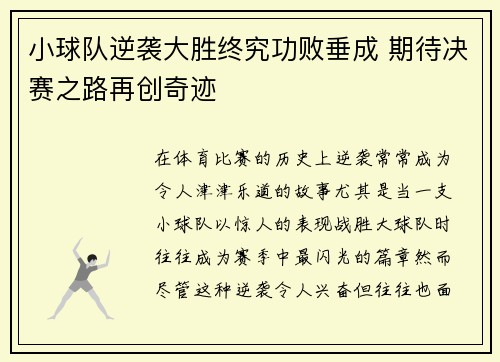 小球队逆袭大胜终究功败垂成 期待决赛之路再创奇迹