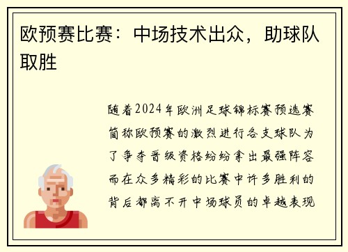 欧预赛比赛：中场技术出众，助球队取胜
