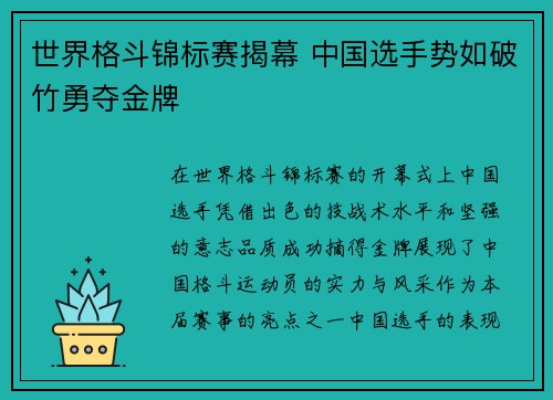世界格斗锦标赛揭幕 中国选手势如破竹勇夺金牌