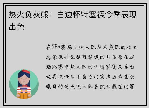 热火负灰熊：白边怀特塞德今季表现出色