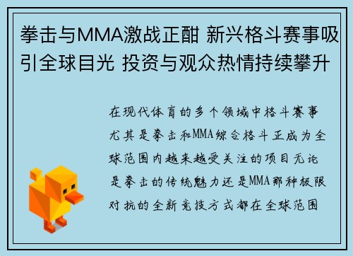 拳击与MMA激战正酣 新兴格斗赛事吸引全球目光 投资与观众热情持续攀升